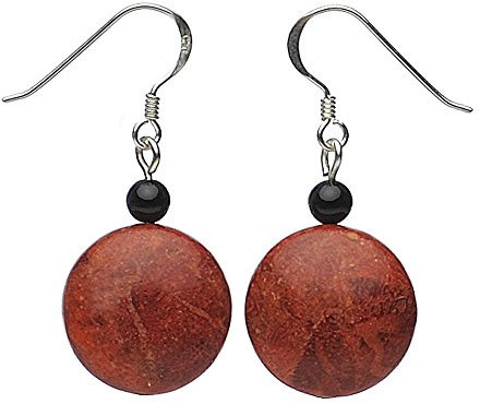 Ohrringe Ohrhänger Ohrschmuck Schaum-Koralle Kreis 18mm & Onyx 925 Silber flach rot-braun schwarz