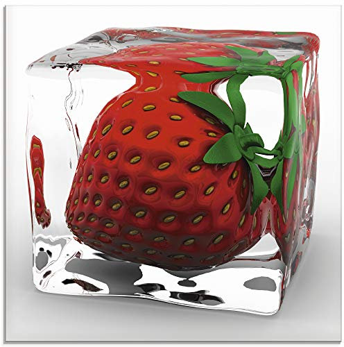 ARTland Wanddeko Glasbilder Wandbild Glas Bild einteilig 50x50 cm Quadratisch Früchte im Eiswürfel Obst Cocktails Bar Erdbeere Rot T5OU