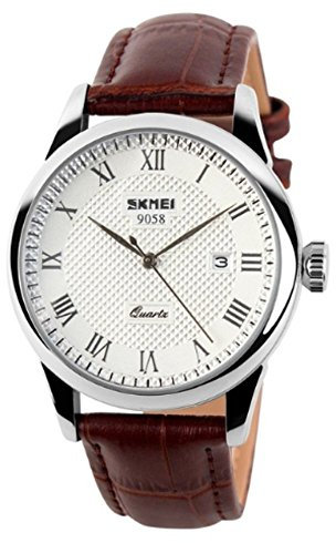 Skmei Herren Quarz Uhr, Römische Zahl Business Casual Fashion Analog Armbanduhr Classic Kalender Datum Fenster, wasserdicht 30 m Wasser beständig angenehmer PU-Leder Uhren – Braun