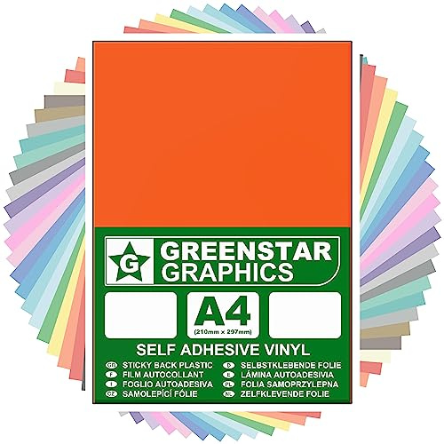 GREENSTAR GRAPHICS Glossy A4 Sticky Back Plastic SELF Adhesive Art & Craft Vinyl (10 Sheet Pack). Compatible with 12” Cricut, Silhouette Cameo/Curio/Portrait, Scan N Cut (Orange Gloss 10 A4)