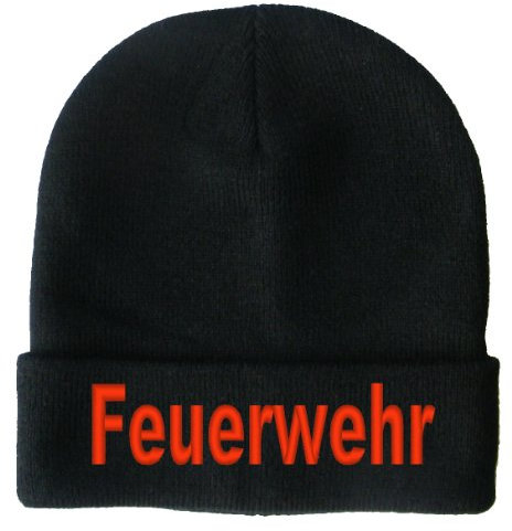 Wolfszeit Strickmütze Bestickt mit Feuerwehr (schwarz)