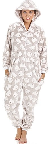 Camille Pigiama Intero Donna - Morbido Pile con Cappuccio e Motivo orsi - Beige M