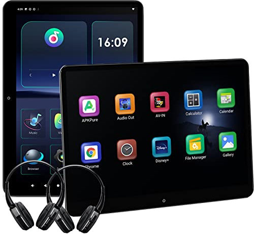 XTRONS 2 * 14'' Rotatable Backseat Android 4+64GB Car TV Headrest Monitor Tablet with 2*Bluetooth Headphones, QHD IPS Fully-laminated Screen Portrait Mode Screen Mirroring&HDMI/Multi-Colour Light