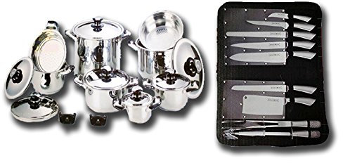 BATTERIA PENTOLE Composizione per cucina 28 PEZZI - Batteria di pentole BAVARIA 18 Pezzi + Set Royalty Line 7 Coltelli + 3 Utensili da BARBECUE