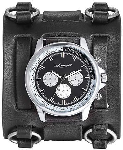 Avaner Herren Uhr Analog Japanisches Quarzwerk mit Leder Armband Steampunk Groß Schwarz, Modische Casual Armbanduhr für Herren