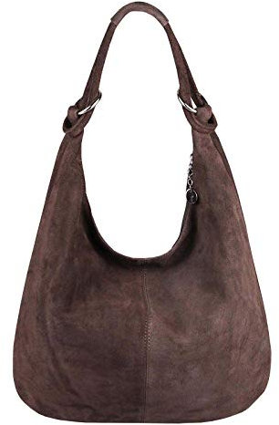 OBC Made in Italy Damen XXL Ledertasche Leder Wildleder Shopper Tasche Schultertasche Umhängetasche Hobo-Bag Beuteltasche (Dunkelbraun)
