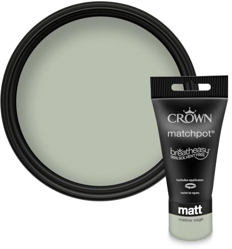 Crown WALLS & CEILINGS Sage Green Matt Paint Tester Pot - Sample 40ml | Try Mellow Sage before you buy. See the true colour on your wall, in your own light. Low VOC, low odour, breatheasy
