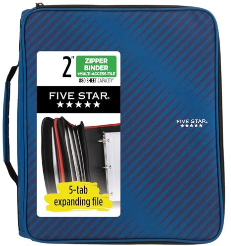 Five Star Raccoglitore con cerniera, raccoglitore a 3 anelli da 5 cm, per scuola, 6 tasche, capacità 380 fogli, blu cobalto (72534)
