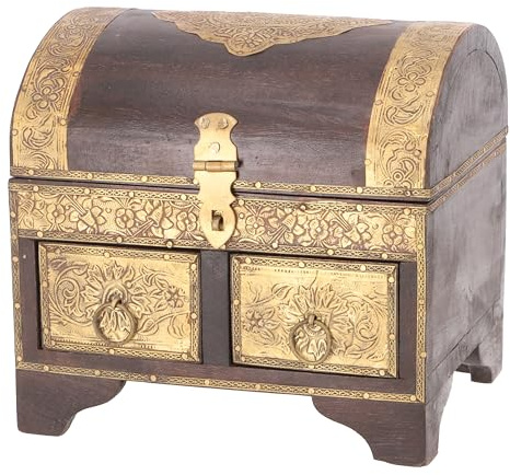 GURU SHOP Rustikale Halbrunde Kleine Schatztruhe, Holzschachtel, Schmuck Dose mit Schubfächern - Modell 5, 18x20x16 cm