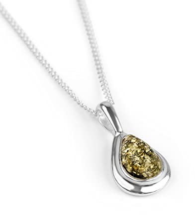 HENRYKA Halskette aus 925er Sterlingsilber und grünem baltischen Bernstein, Geburtsstein-Anhänger, Brautjungfernschmuck, Klassische minimale Tropfenkette