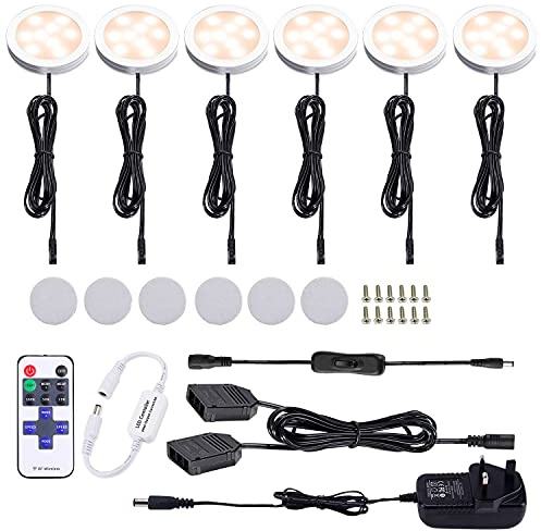AIBOO Under Cabinet Kitchen Lights LED Wired 6 Pack with Remote,Dimmable Warm White Puck Lights Mains Hardwired and Pulg in Under Cupboard Lighting for Closet,Counter,Cupboard,Shelf