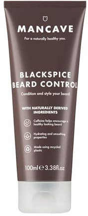 ManCave Blackspice Beard Control 100ml, Condition and style your beard with L-Arginine, Hemp oil and Shea Butter, Encourages beard growth, Vegan Friendly, Made from Recycled Plastics, Made in England