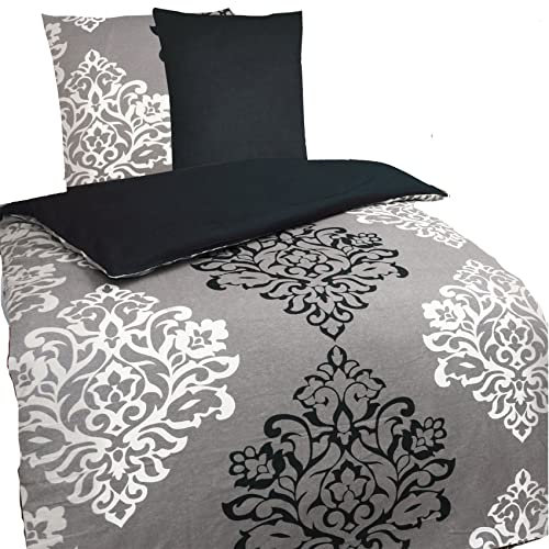 KH-Haushaltshandel Biber Winter Wende Bettwäsche 135 x 200 + 80x80 cm, 100% Baumwolle, schwarz grau, Ornamente(P-GrauOrna)
