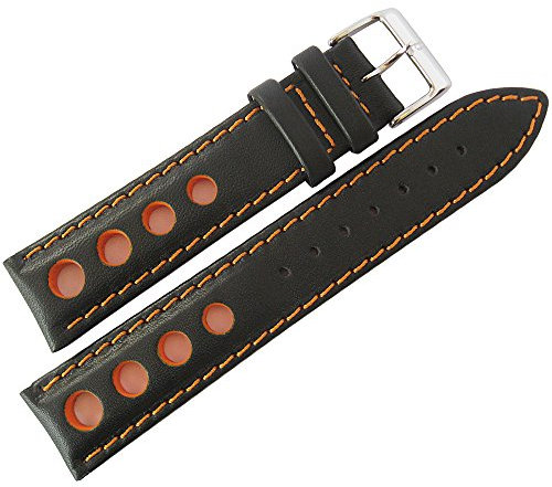 Eulit Racing Uhrenarmband, 20 mm, Leder, orangefarbene Naht, Schwarz