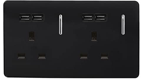 Trendi 2 Gang Artistic Modern Glossy Screwless Raised 13 Amp 240v Short 4 USB Type A Charging Points Double Chrome Switched Electrical Wall Plug Socket Piano Black - ART-SKT213USBBK