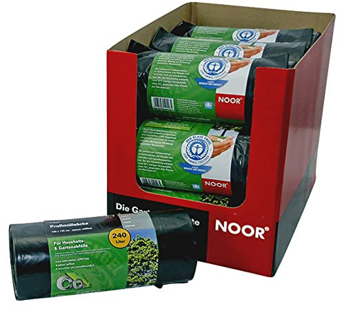 NOOR Müllsack Profi 240 L (100 x 125cm) I Schwarze, recycelbare Müllsäcke mit Zugband für eine einfache Verwendung I Extra starke Haushalts- und Gartenabfallsäcke I 10er Rolle