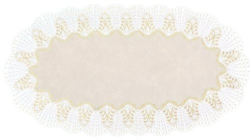 Plauener Spitze Original Tischdeckenserie Oslo, Größe 50 x 90 cm oval mit gestickter Guipure Spitze (Spitze in Farbe Champagner)