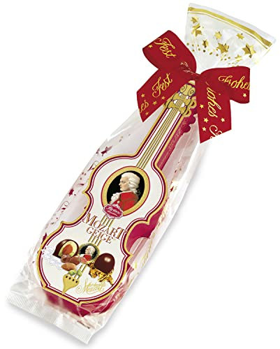 Reber Mozart-Geige mit Schleife – 7er Packung in der Weihnachts-Edition – Echte Reber Mozart-Kugeln aus Zartbitter-Schokolade, Marzipan und Nougat