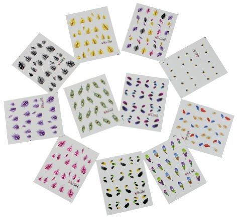 11PC Colorful Beauty Feather Water Transfers Stickers Decals Nail Art Manicure