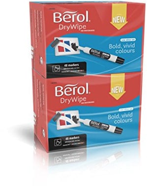 Berol DryWipe Whiteboard Marker Pens | Bullet Tip | Assorted Colours | Low-Odour Ink | 96 Dry Erase Markers
