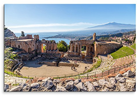 120x80cm Leinwandbild auf Keilrahmen Theater Ruinen Vulkan Etna Meer Morgensonne Wandbild auf Leinwand als Panorama