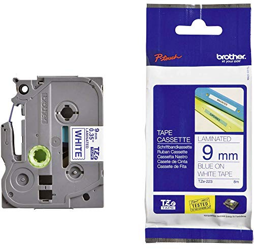 Brother TZe-223 Labelling Tape Cassette, 9 mm (W) x 8 m (L), Laminated, Brother Genuine Supplies - Blue on White