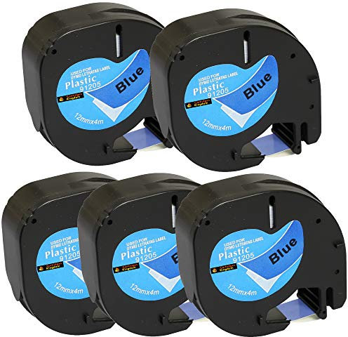Cartridges Kingdom 5 x Schriftband kompatibel für Dymo LetraTag 91205 (12mm x 4m) schwarz auf blau, Kunststoff