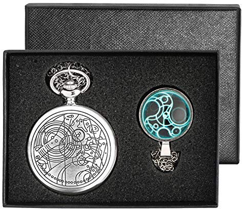 yisuya® Vintage Silver Doctor Who Retro Dr. Who Taschenuhr mit Kette Herren Jungen Halskette Anhänger Geschenkbox, Silber,