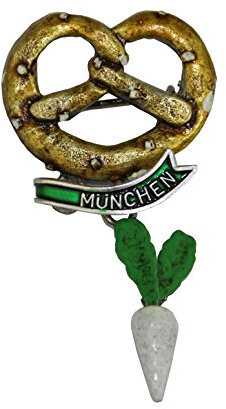 Breiter Hutanstecker Hutabzeichen Hutschmuck Anstecker Breze mit angehängtem Rettich (Radi) Trachtenpin Brosche