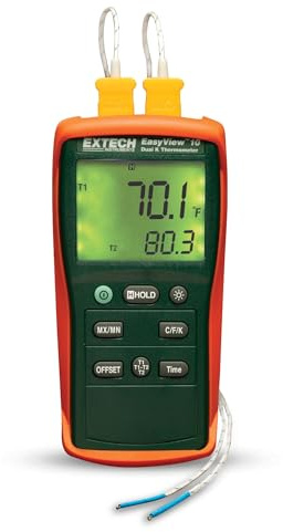 Extech EasyView Thermometer mit Dual-Eingang und 2 Typ K Temperaturfühlern RS232 PC Schnittstelle, 1 Stück, EA10