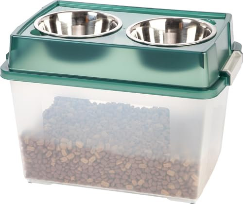Iris Ohyama, Comedero Elevado con Soporte en Caja de Plástico, 21L, Verde, Comedero Elevado para Perro, Gato, con Doble Cuenco, Agua, Comida, Clips, Sólido, Almacenamiento de Croquetas, Sin BPA, FS-L