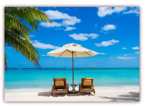 LYSCO XXL Poster 100 x 70cm (S-817) Palmenstrand mit blauem Wasser und weißem Sand, Strand mit Liegestühlen und Sonnenschirm (Lieferung gerollt!)