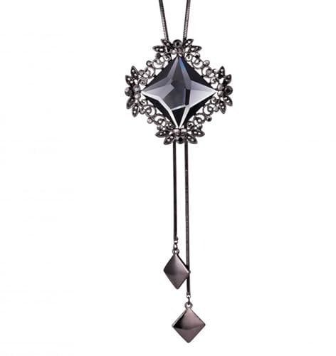 Mecool Long Chain Necklace for Women Rhombus Pendant with Sparkly Glass Silver Chain Black Glass-20,42G
