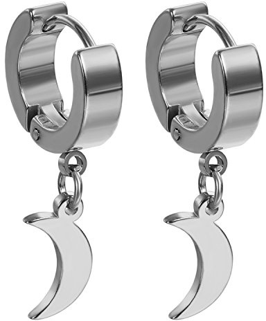 Flongo Ohrringe Creolen Gestüt Stecker Ohrstecker Ohrhänger Fake Tunnel Fake Plug Silber Gold Golden Schwarz Mond Stern Sternchen Anhänger Punk Rock Hip-Hop Herren, Damen