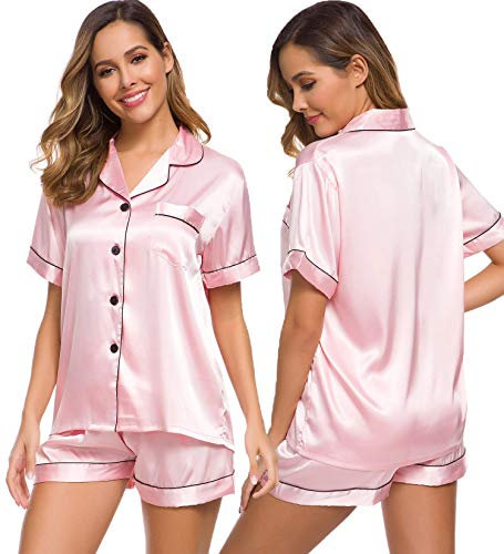 SWOMOG Womens Silk Satin Pyjamas Set Two-Piece Pj Sets Breathable Sleepwear Loungewear Button Down Pjs Pink