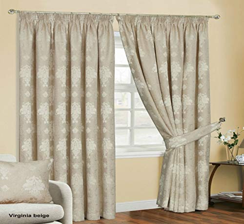 Householdfurnishing Redy Made Luxury Jacquard Fully Lined Curtain Pair Pencil Pleat With Free Tie Backs (Beige Curtain, 90 x L 90)