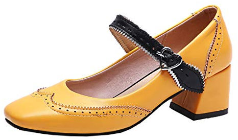 MISSUIT Damen Mary Jane Damenschuhe Blockabsatz Vintage Chunky Heels Pumps mit Riemchen Retro Schuhe(Gelb,46)