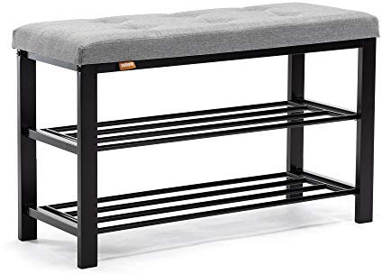 HNNHOME Sirius Shoe Bench 3-tier Shoe Rack Storage Shelf Organiser with Padded Cushion Seat, Steel Frame, for Entryway Hallway Living Room Industrial Accent Furniture 81x32xH50cm (Light Grey, Linen)