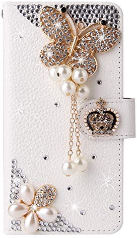 Awenroy Glitter Wallet Case for iPhone 12 / iPhone 12 Pro Luxury Bling Rhinestones Diamonds Pattern and PU Leather Magnetic Flip Cover with Card Slots Holders Wallet Case - White