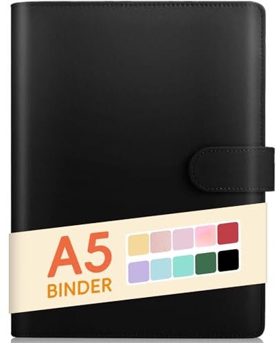 Sooez A5 Notebook Binder, 6 Ring Planner with Stylish Design, Loose Leaf Personal Organizer Binder Cover with Magnetic Buckle Closure, PU Leather Binder for Women with Macaron Colors (Black)