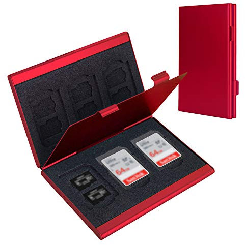 SD Card Holder, SD Card Case, LAVILI CF Memory Card Holder Case Aluminum Alloy Hard Shell, Double-Layer Capacity for 6SD Cards and 12 TF Cards Red Color