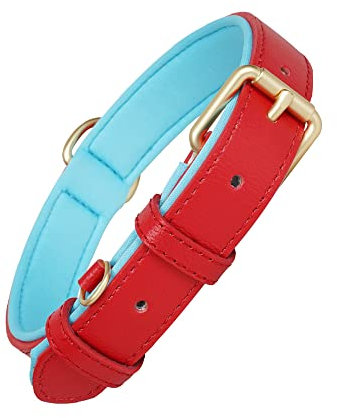 Ohmywor Hundehalsband aus Leder für kleine, mittelgroße und große Hunde, Rot, weiches Leder, gepolstert, strapazierfähig, verstellbar, Größe M
