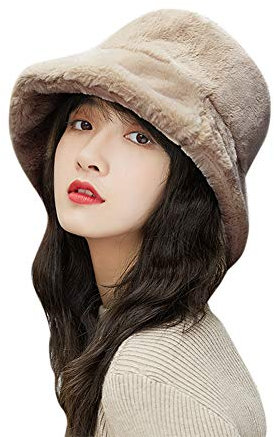 Wintermütze Damen Fischerhut Plüsch Winterhut Flauschig Schirmmütze Breit Krempe Bucket Hat Warm Halten Eimer Hut Weich Glockenhut Faltbar Damenhut Kunstfell Schlapphut Strickmütze Outdoor Reisen