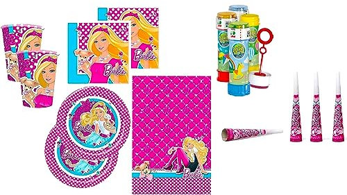 Zeus Party kit Per Festa a Tema Barbie - Set da Tavola di Barbie con Piatti Bicchieri Tovaglioli Tovaglia e Trombette in Omaggio Tubetti di Bolle di Sapone