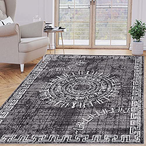 Carpeto Rugs Kurzflor Teppich mit Bordüre - Mäander Griechisch Muster - Wohnzimmer, Schlafzimmer und Flur - Robust und pflegeleicht und Fußbodenheizung geeignet - Grau 180 x 250 cm