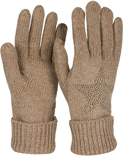 styleBREAKER Damen Handschuhe mit Strass Nieten Stern Applikation und doppeltem Bund, warme Strickhandschuhe 09010008, Farbe:Braun meliert