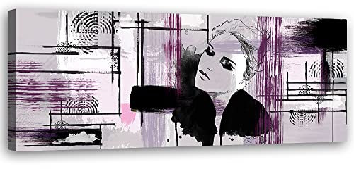 Feeby Vlies Leinwandbild XXL Moderne Frau Abstraktion Formen 120x40 cm Wandbild Kunst Bilder Schlafzimmer Deko Wohnzimmer Kreise Stilvoll Linien Violett