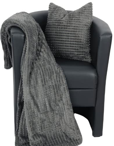 Kuscheldecke im Set - Anthrazit Jacquard XXL Flauschdecke (180x220cm) inkl. 45x45cm Dekokissen mit abnehmbaren Bezug - Flauschige Sofadecke