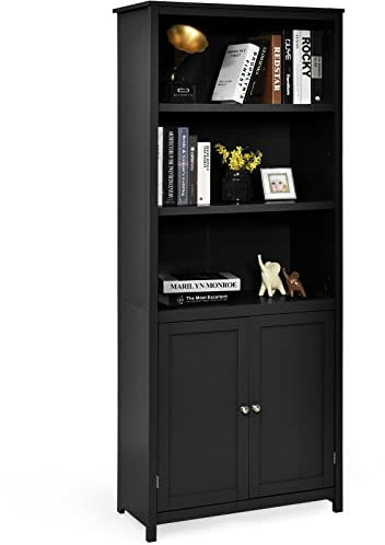 COSTWAY Tall Bookcase, Floor Standing Bookshelf with 2 Doors (Black) | 3 Open Shelves, Anti-Toppling Device, Modern Wooden Display Cabinet Storage Organizer for Home Office Study