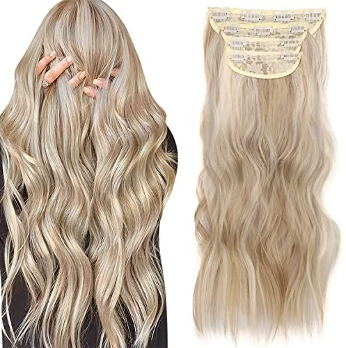 Clip in Extensions Blond Haarteile Haarverlängerung Clip in Extension Lang Locken Synthetisch Haarteile für Damen 4 Teiliges Set 50cm 050G